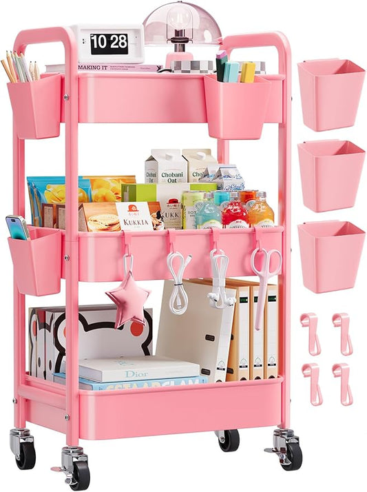 3 Tier Rolling Cart with Wheels, Metal Utility Storage Cart on Wheels, Craft Carts Organizer with Hanging Cups, Hooks, Three Tiered Rolling Carts for Bathroom, Laundry Room, Nursery, Office, Pink