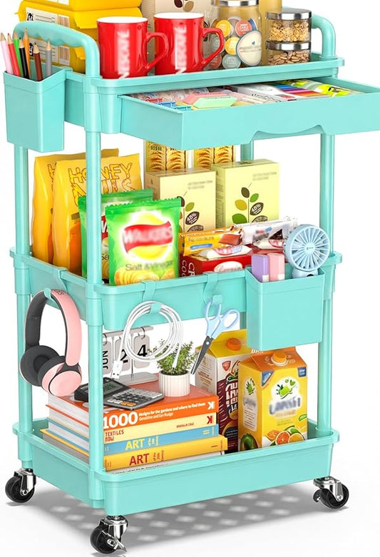 SUNALLY 3-Tier Rolling Cart with Drawer & Lockable Wheels, Bathroom Storage Organizer Multifunctional Rolling Storage Cart for Bathroom, Kitchen, Office, Craft, Makeup, Baby Essentials, Blue