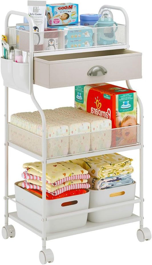 Baby Diaper Caddy Cart Organizer -3 Tier, Bedside Nursery Essentials Organizer & Storage Holder for Newborn Baby Stuff, 2+1 Dividers, 1 Drawer,Rolling Utility Cart for Bedroom,Changing Table, Crib.