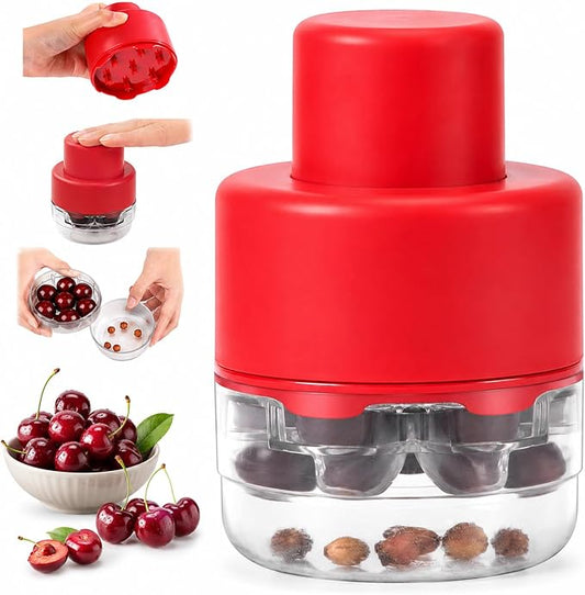 CUNSENR 7-in-1 Cherry Pitter Tool for 7 Cherries at Once, Large Capacity Cherry Corer & Cherry Seed Remover with Splash Guard, Easy Push Fruit Pitter for Cherries, Olives, Red Dates, Red