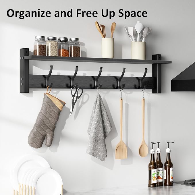 Optish Coat Rack Wall Mount with Shelf, 29 Inch Coat Hanger Walls Mounted, Hat Rack for Walls, Shelf with 5 Coat Hooks, Wall Hanger for Entryway (Black)