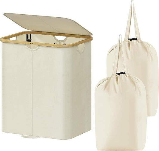 Lifewit 120L Double Laundry Hamper with Lid, Large Laundry Basket with Removable Bag & Bamboo Handles, Fodable Tall Dirty Clothes Hamper for Laundry Collapsible Bin for Bathroom Bedroom Dorm, Beige