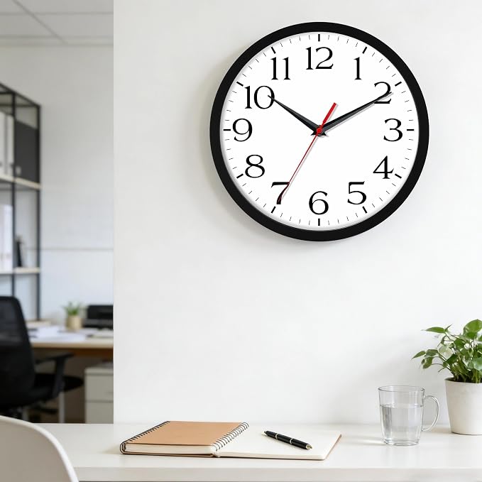 DAXSMY 10 Inch Wall Clock - Battery Operated, Silent Non-Ticking Analog Sweep Movement - Easy to Read Numbers for Home, Office, Kitchen, Classroom (Black)
