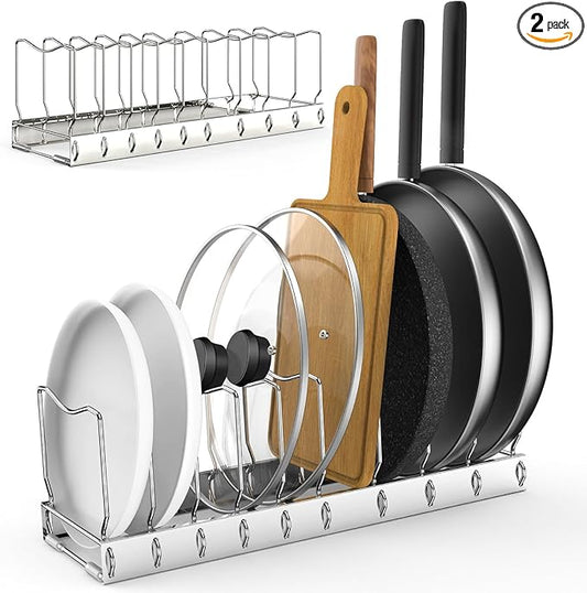 FLSEPAMB 2 Pack 10-Tier Pan Organizer Adjustable Lid Organizer Kitchen Organizers and Pan Organizer and Storage Pot Heavy Duty Pot Lid Organizer for Kitchen Under Sink Storage Drawer