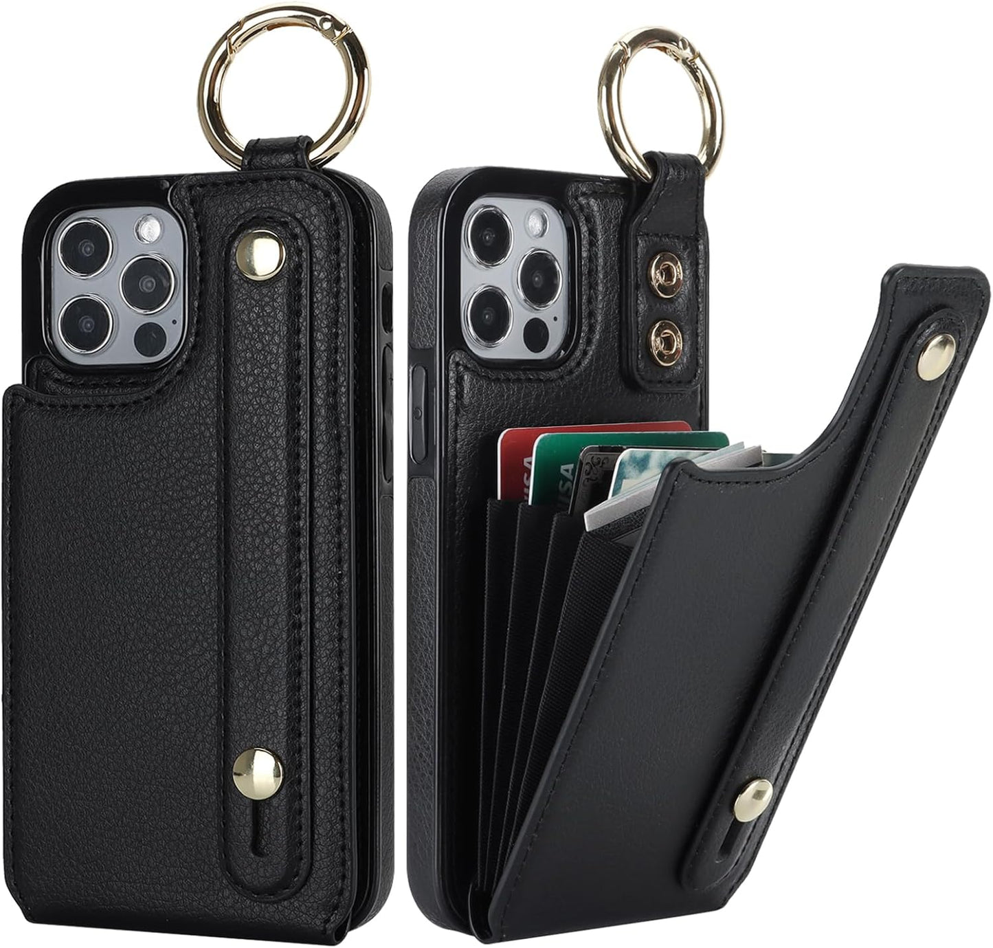 Folosu for iPhone 12/12 Pro Wallet Case with Card Holder, Hand Wrist Strap Loop Holder Kickstand, RFID Blocking Finger Grip Ring PU Leather Double Buttons Shockproof Cover 6.1" Black"