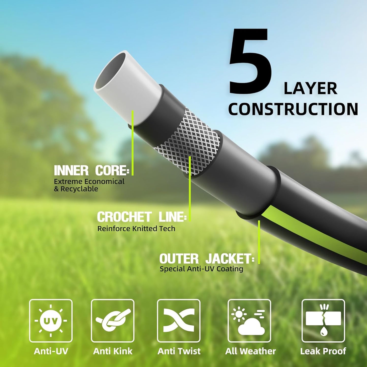 Worth Leader Garden Hose 3/4 in. x 100 ft. -No Kink, Flexible, Leakproof, Male/Female, 500PSI Burst -Heavy Duty Durable 5 Layers PVC Rubber Lightweight Water Pipe for Gardening, Agriculture&Lawn Care
