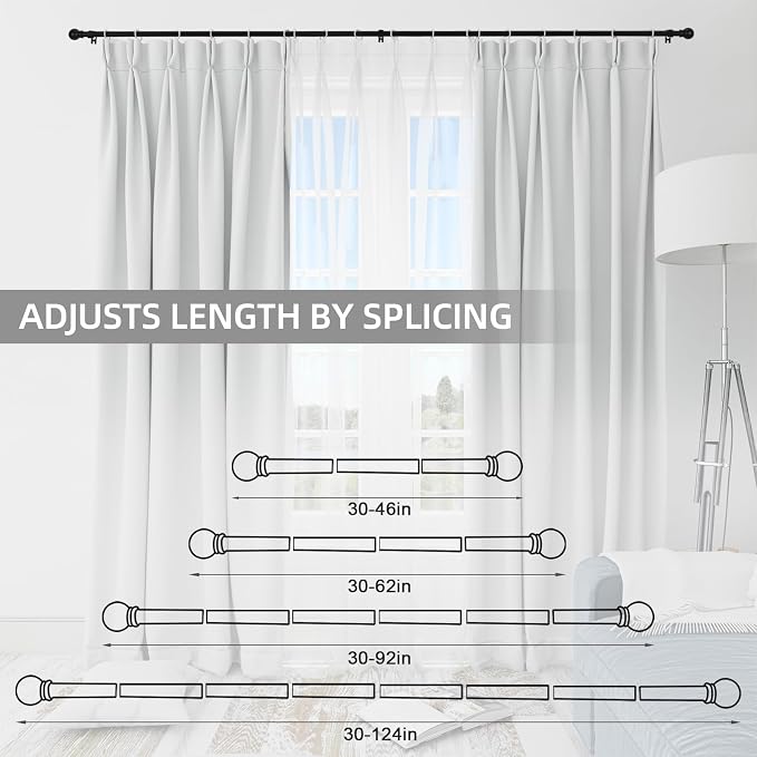 Thestoa 5/8" Diameter Splicing Curtain Rods 2 pack for Windows 30 or 46 inch, Black Curtain Rods for Bedroom, Living Room, Farmhouse, Outdoor etc.