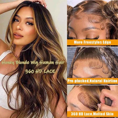 Brofiri 360 HD Lace Front Wigs Human Hair 4/27 Highlight Ombre Body Wave Wig Human Hair Pre Plucked 180 Density Full Lace Frontal Wigs Glueless Hidden Strap Lace Frontal Wig for Women 26 Inch