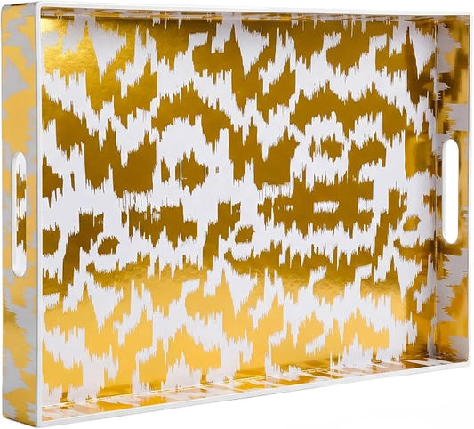 Decorative Serving Tray with Handles - 16" x 12" Large Rectangle Coffee Table Decor - Modern Gold Aesthetic Vanity Tray for Ottoman, Bedroom & Bathroom