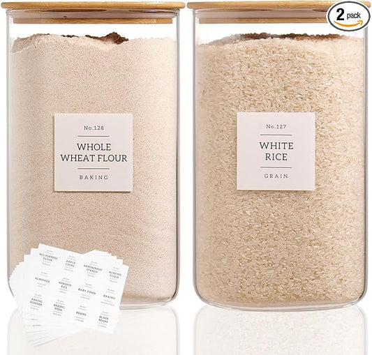 2 Pack large Square Glass Flour and Sugar Containers with 132 Kitchen Pantry Labels - Thicken 149 floz Glass Storage Jars with Airtight Bamboo Lid - Big Rice Canisters for Coffee, Pasta, Cereal