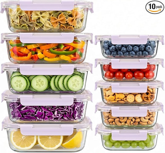 Dealusy 10 Sets (20-Piece) 4.5 Cup & 1.5 Cup Glass Food Storage Containers with lids, Airtight Leak-proof Glass Meal Prep Containers with Lids, Microwave Oven Freezer Dishwasher Safe, Purple