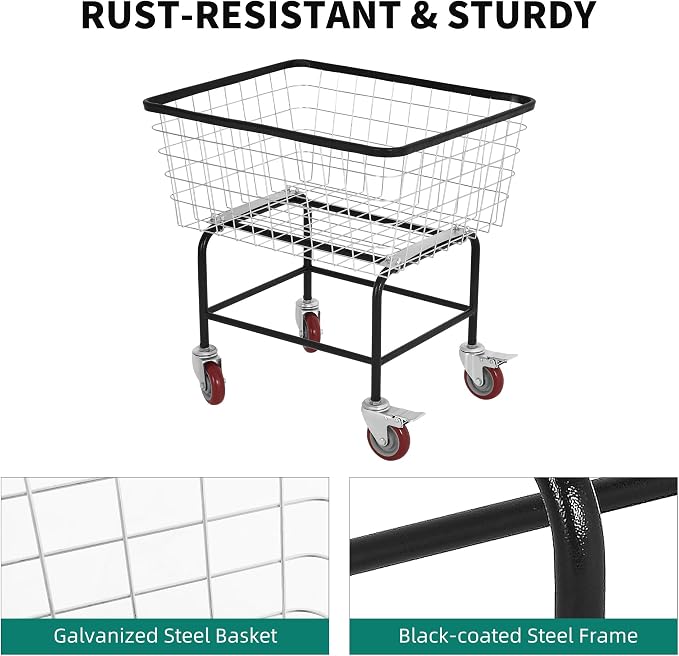 4.5-Bushel Rolling Laundry Cart with Wheels Durable Metal Wire Laundry Basket Heavy-Duty Large Steel Storage Basket with Galvanized Finish, for Commercial or Home Laundry Use