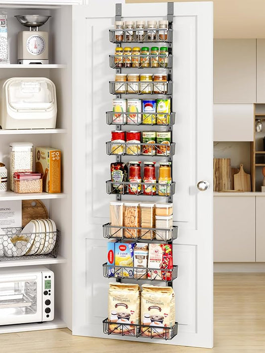 Delamu Adjustable Narrow Over the Door Pantry Organizer, 9-Tier Metal Pantry Organization and Storage for Kitchen, Hanging Spice Rack Seasoning Shelves, Cabinet Door Organizer for Easy Install, 12.5"