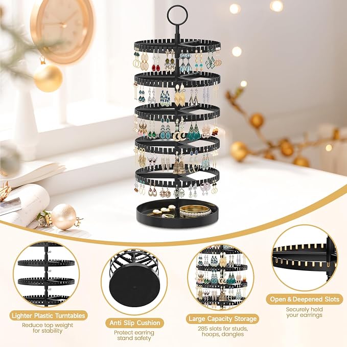 MODOWEY 5 Tier Rotating Earring Holder Organizer Display Tree with Metal Tray, Adjustable Plastic Stand with 285 Slots for Stud Hoop Hanger, Large Capacity Storage Rack for Women Space Saving, Black