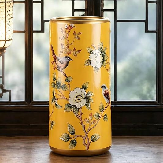 Ceramic Entryway Umbrella Stand,Handmade Appliques Chinese Umbrella Stand Barrels,Vintage Floor Standing Cane Holder Placed & Flower Vases for Hotel Office Home Entrance,C,17.3in