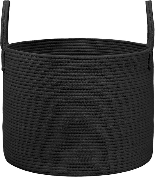 JMvicyroam 65L Extra Large Blanket Basket for Living Room - Woven Cotton Rope Laundry Hamper with Reinforced Handles - Storage Bin for Pillows, Comforters & Toys - Machine Washable,Black