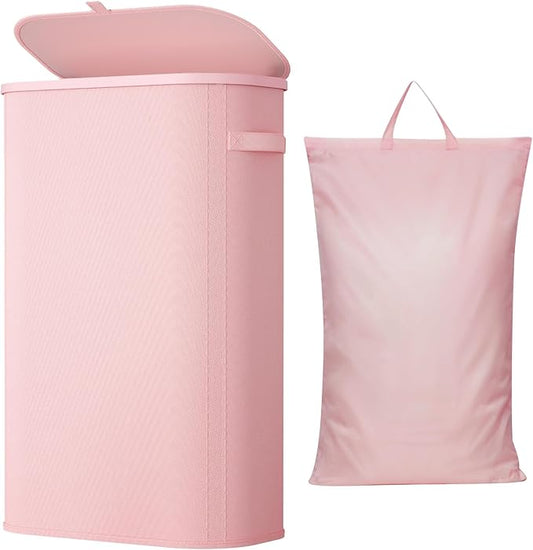 Lifewit Slim Laundry Basket with Lid, Narrow Large Laundry Hamper with Plastic Handles and Removable Bag, Tall Foldable Dirty Clothes Hampers for Laundry Room, Bedroom, Bathroom, Dorm, 65L Pink
