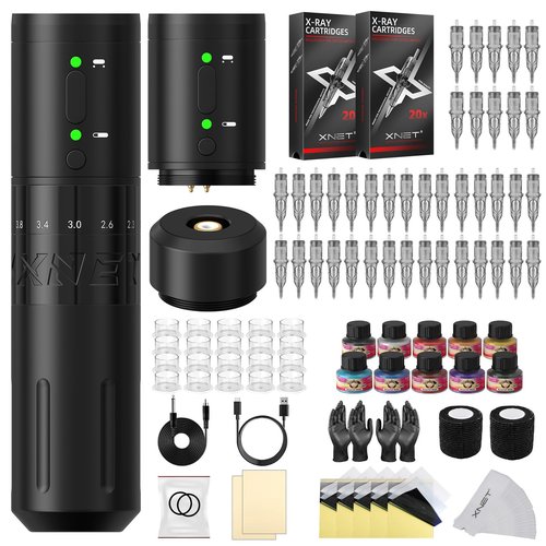 Tattoo Kit Tattoo Gun kit,Complete Tattoo Machine Kit,Xnet E1 Adjustable Stroke Tattoo Pen with Dual Batteries 2000mAh Power Supply,40pcs X-ray Cartridge Needles Set for Beginners