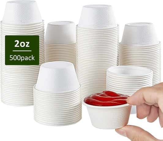 Vplus 500 Pack 2 OZ Disposable Souffle Cups, 100% Compostable Portion Cups, Made From Bagasse Fibe, Perfect For Dips, Food Sample, Jams, Honey, Sauces, Nuts