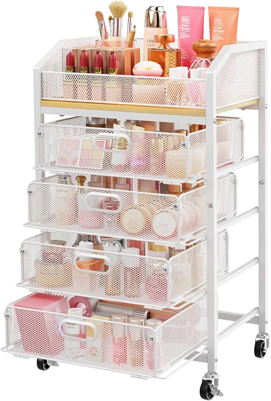 SUNALLY Makeup Organizer Cart with 4 Drawers, Rolling Makeup Storage Cart Metal Skincare Organizers, Large Vanity Storage Organizer Cosmetics Display Cases for Skin Care Perfume Nail Polish, White