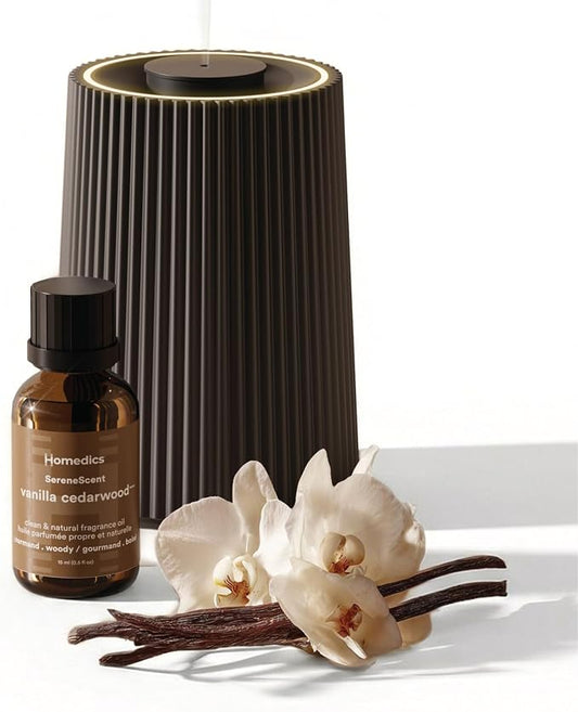 Homedics Waterless Essential Oil Diffuser with 15ml Vanilla Cedarwood Fragrance Oil. SereneScent Cordless Cold Air Scent Diffuser Starter Kit with Ambient Light, Studio 671 (Black)