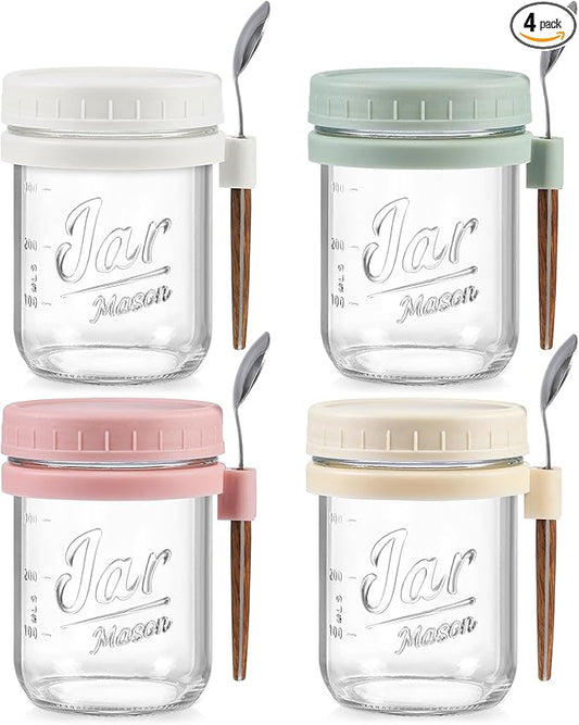 4 Pack Overnight Oats Containers with Lids and Spoons, 16 oz Glass Mason Jars with Airtight Lids, Overnight Oats Jars for Milk, Cereal, Fruit