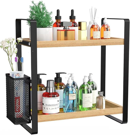 LEMIKKLE 2-Tier Wood Bathroom Counter Organizer with Basket,Waterproof Vanity Perfume Skincare Storage for Bathroom, Kitchen, Dresser