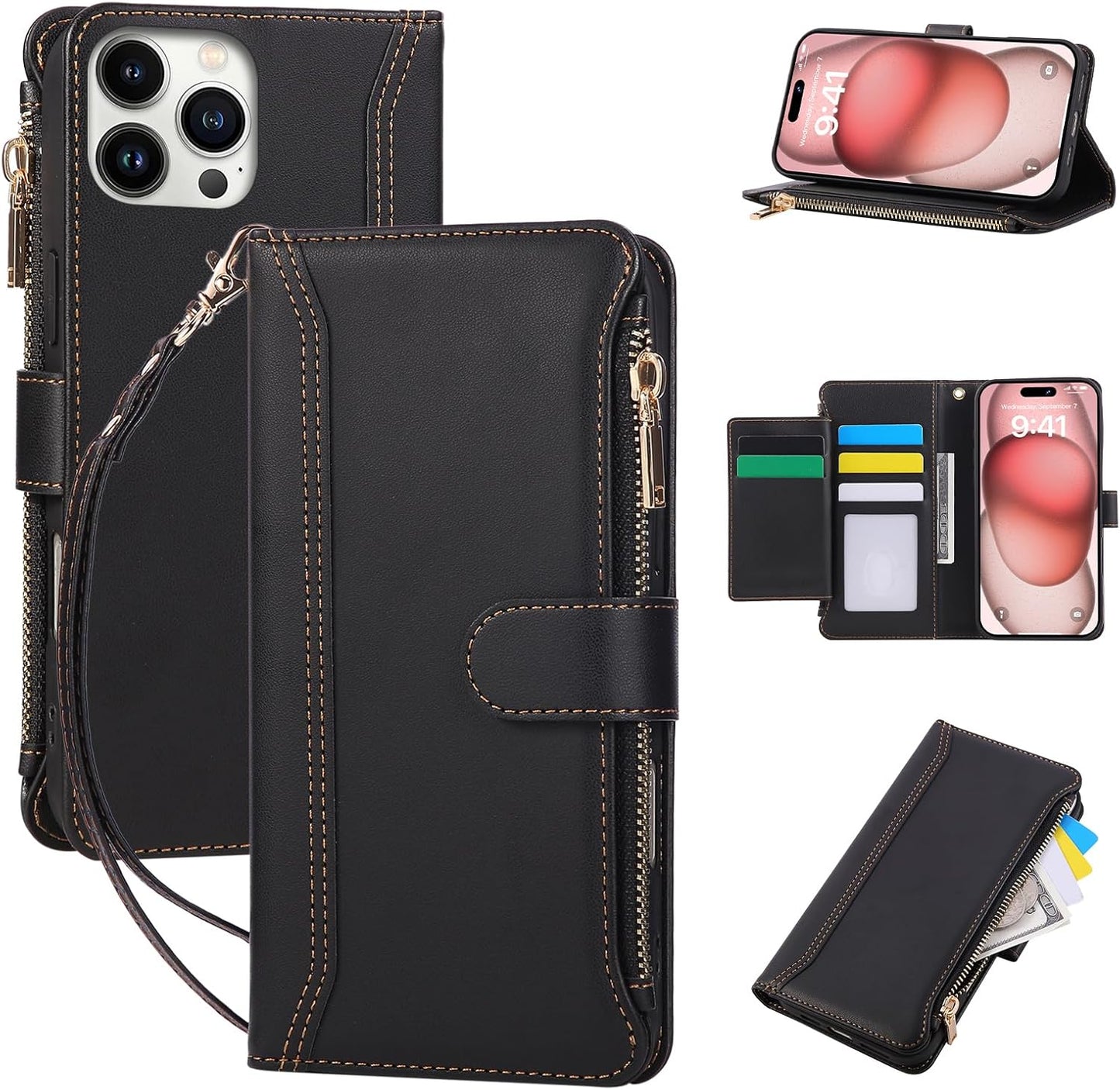 Compatible with iPhone 12 Pro Max Wallet Phone Case-PU Leather Magnetic Flip Cover with Credit Card Slots,Zipper Pocket & Detachable Wrist Strap,Shockproof Design,for Women and Men-Black