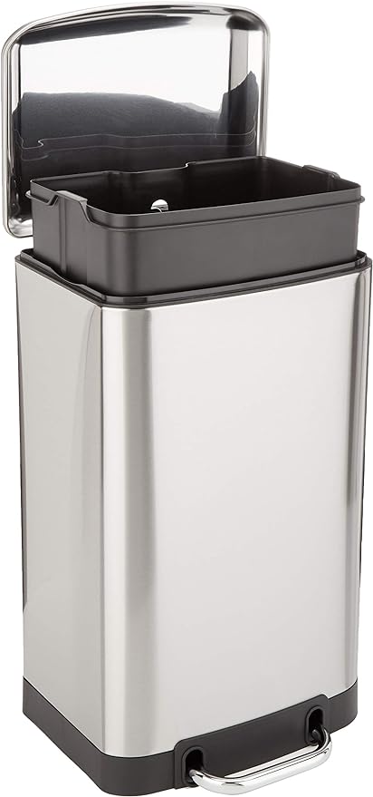 Amazon Basics Rectangular Small Trash Can with Soft-Close Step Pedal, Removable Inner Bucket, Hands-Free, Space-Saving, Smudge Resistant, 20l / 5.3 gallon, Nickel