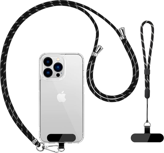 CACOE Cell Phone Lanyard Universal Crossbody Multifuctional Lanyard Compatible with Most Smartphones (Black Silver, 30"（Neck Strap×1）+8""（Wrist Strap×1）)"