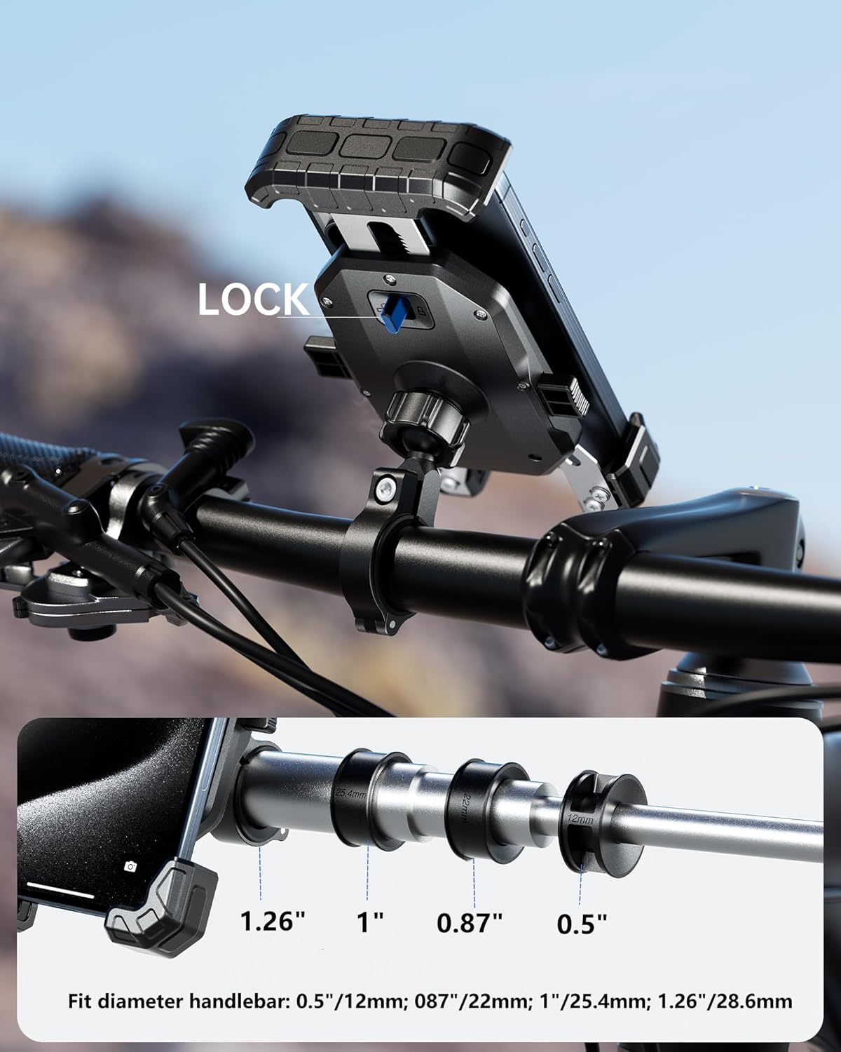 Kewig Motorcycle Phone Mount Holder - [No Scratches Camera ] [1s Lock] Motorcycle Cell Phone Mount, Bike Handlebar Phone Holder for 5.5-7.2" Phones"
