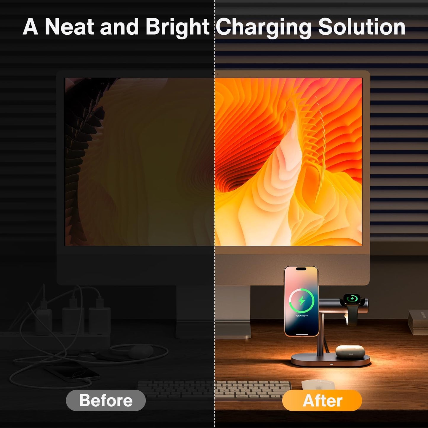 iVANKY 15W Fast Qi2 Certified 4 in 1 Wireless Charger Stand with Nightstand Light for MagSafe Magnetic Charging Station, 25W 3 in 1 Charge for iPhone 17/16/15/14 Plus Pro Max Air,Apple iWatch, Airpods