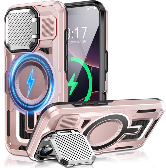 Camera Stand Case for iPhone 16 Pro, [Compatible with Mag Safe] [Lens Cover] 2024 Version Military Grade Protective Soft Case for iPhone 16 Pro 6.3 inch Men Women, Pink