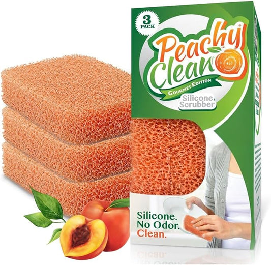 Peachy Clean Silicone Dish Sponge Scrubbers, Fresh Peach Scent, Non-Scratch, Odor-Resistant, Durable Dish Sponges for Kitchen 3pk