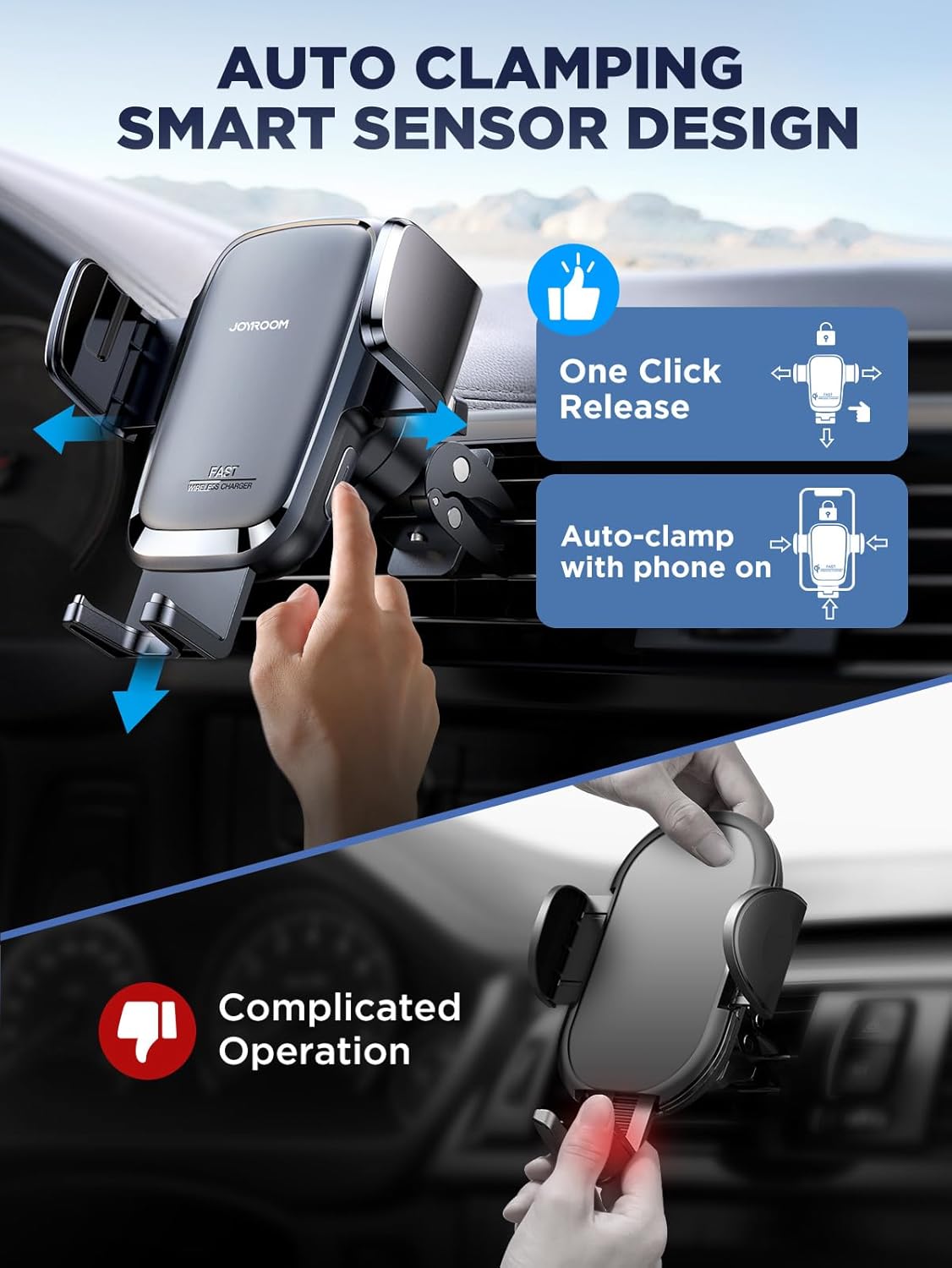 Wireless Car Charger, 15W Qi Fast Charging Auto Clamping Car Charger Phone Holder Mount, JOYROOM Cell Phone Holder Car Mount for iPhone 16 15 14 13 Pro Max Xs, Galaxy S24 Ultra, LG, Google