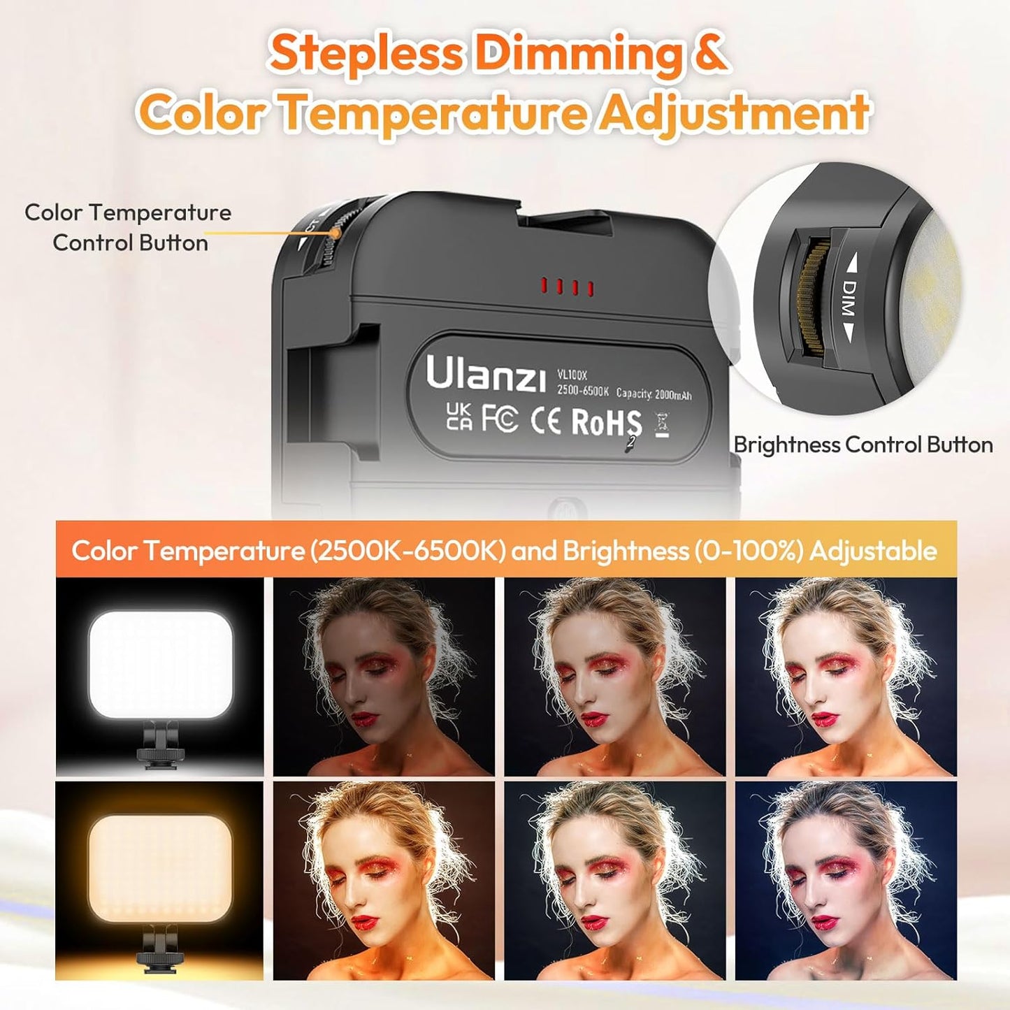 Ulanzi VL100X Selfie Light, Clip LED Light Panel for Phone/Laptop/Tablet/Computer, Bi-Color Portable Clip Camera Light with Dimmable 2500-6500K with 2000mAh Battery for Video Conference/Picture