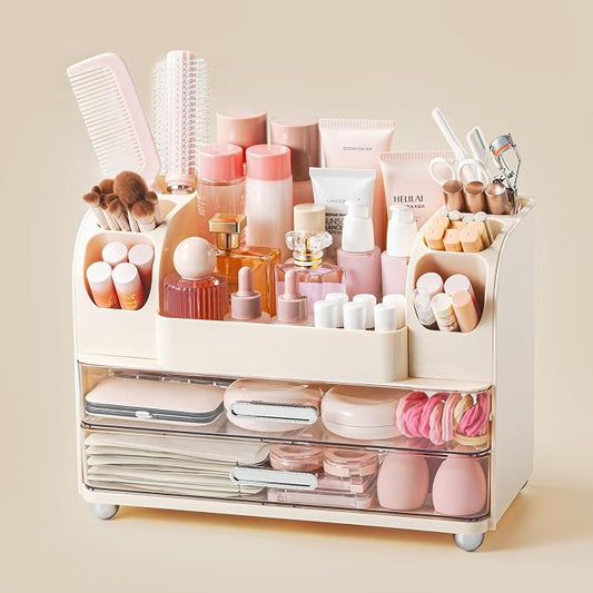 Makeup Organizer with Brush Holder, Makeup Organizer Countertop with 2 Drawers, Make up Organizers for Vanity, Vanity Organizer, Makeup Storage For Skin Cares,Makeup Brushes,Lipsticks,Perfumes(Cream)