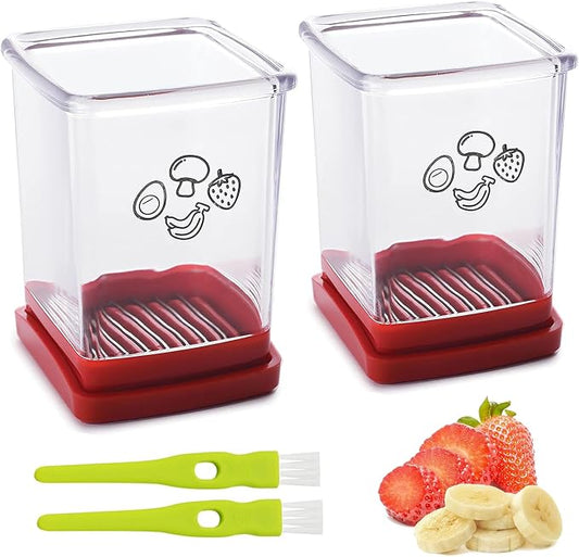 2 Pcs Strawberry Slicer | Fruit Slicer Cup, Strawberry Cutter with Push Plate, Speed Fruit Cutter for Banana Grape Egg, Must Have Kitchen Gadget (Red)