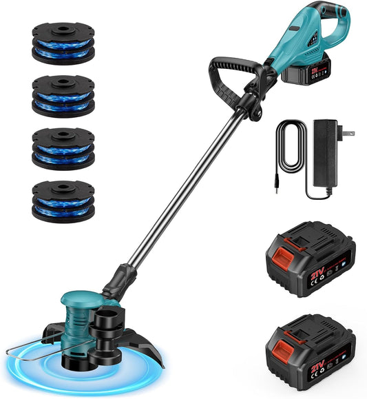 12-Inch 21V Cordless String Trimmer, Electric Weed Wacker, 2 in 1 Trimmer & Edger with Fast Charger, 2 X 3.0Ah Battery Powered Grass Mover, Portable Weed Eater for Lawn Yard Garden