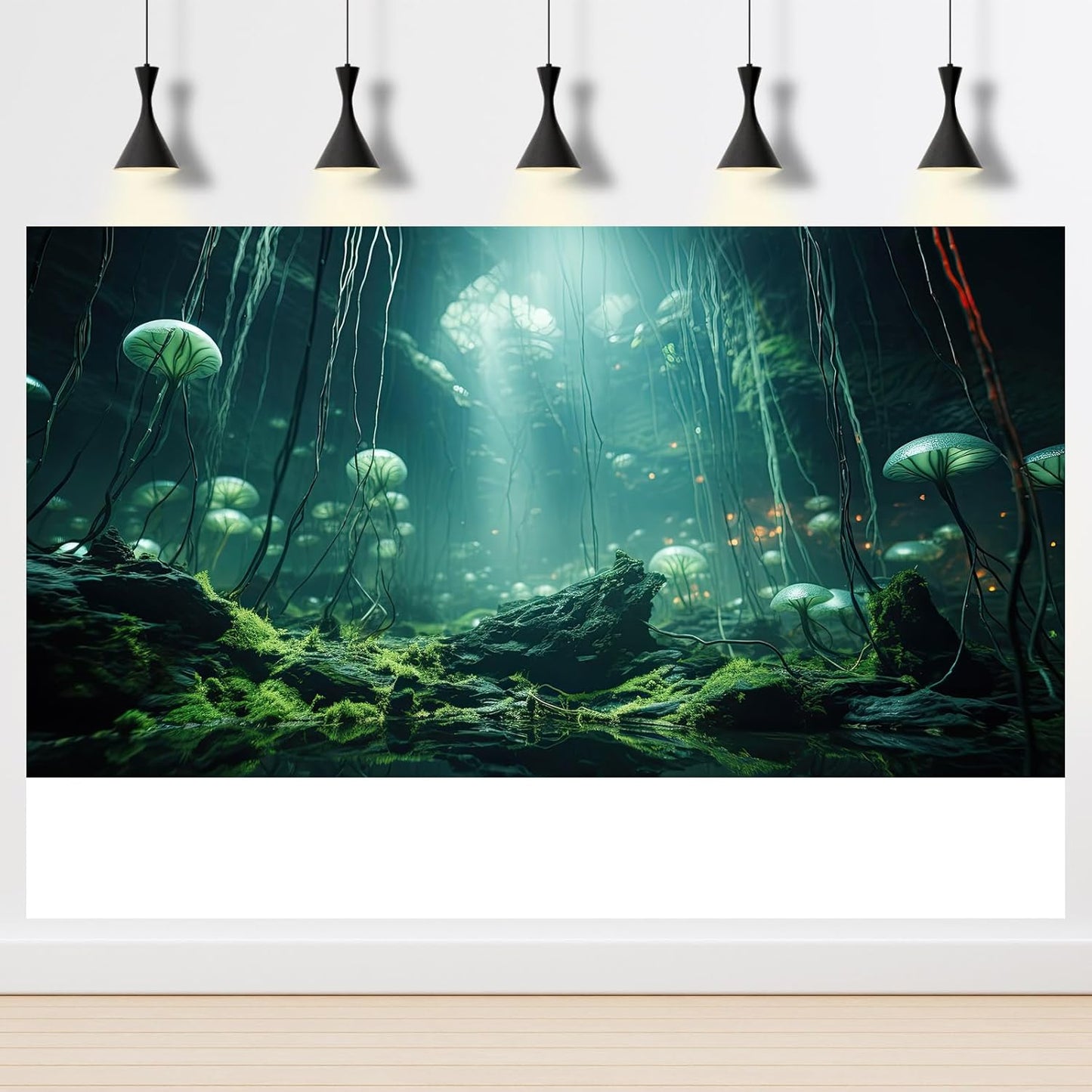 Aquarium Background Foggy Stone Mushroom Green Moss Fish Tank Background Mysterious Green Seaweed Scenery Aquarium Backgrounds White Mushroom Reptile Tank Enclosure Backgrounds Wallpaper 24x12in