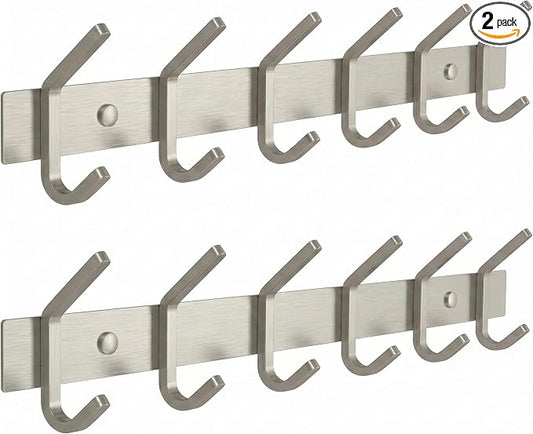 Coat Rack Wall Mount – Brushed Nickel 17 Inch Stainless Steel Hook Rail with 6 Heavy Duty Double Coat Hooks – Wall Mounted Coat Hanger for Entryway, Bathroom, Bedroom, Towel, Hat Organizer - 2 Pack