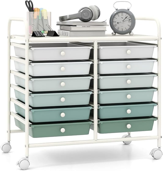 Giantex 12 Drawers Rolling Cart, Mobile Storage Drawer Cart, Classroom Organizer Cart for Office School Supplies Tools Scrapbook Paper Craft Small Printer, Utility Cart on Wheels, Green Gradient