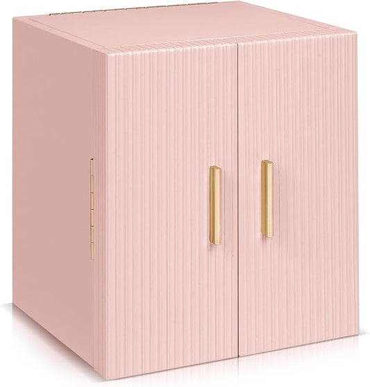 Dajasan Large Jewelry Box Organizer, Jewelry Storage with 3 Drawers, Huge Jewelry Box with Mirror, Gift Idea for Women, Girls, Double Door, Textured PU Leather Surface, Stylish (Pink + Gold)