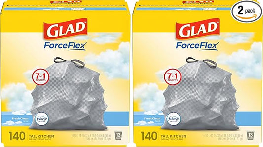 Glad ForceFlex Tall Kitchen Trash Bags, 13 Gallon, Fresh Clean, (Package May Vary),140 Count (Pack of 2)