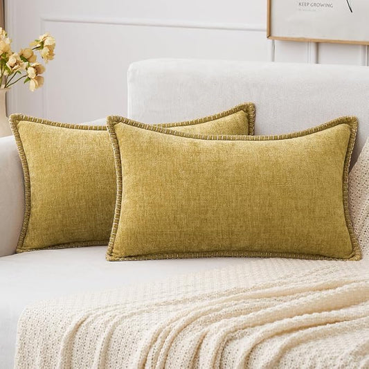 MIULEE Pack of 2 Lumbar Throw Pillow Covers 12x20 Inch Mustard Yellow Farmhouse Decorative Pillow Covers with Stitched Edge Soft Chenille Solid Dyed Pillow Covers for Couch Sofa Bed Living Room