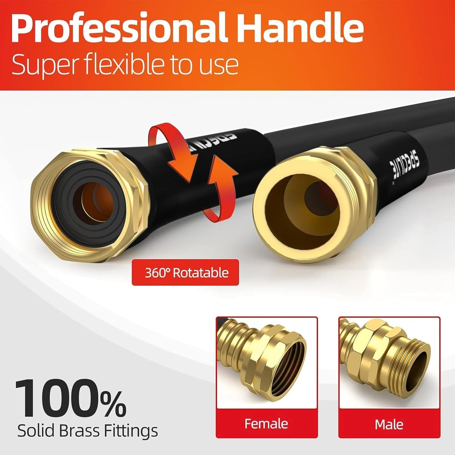 Garden Water Hose 100 ft x 5/8 in Heavy Duty, Flexible and Lightweight, Burst 600 psi, Kink-less Hybrid Rubber Pipe for Backyard, 3/4'' Brass Fittings, Black