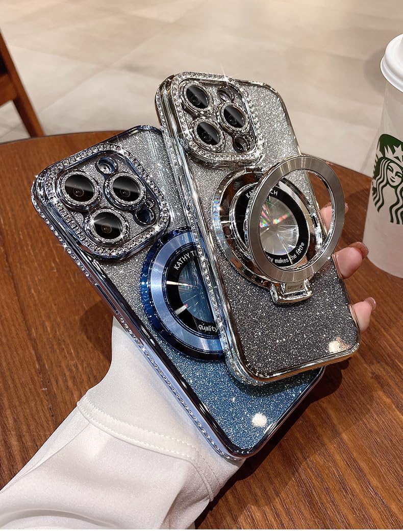 Magnetic Kickstand (Glitter Lens Protector ) Case for iPhone 15 14 13 12 Pro Max (Compatible with Magsafe ) Sparkling Diamond Cover Glitter Shiny Rhinestone Cases (Silver,for iPhone 14 Pro Max)