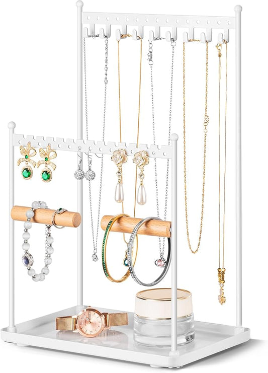 3 Tier white Jewelry Stand, Necklace Organizer, Earring Holder with 44 Holes and 9 Hooks, for Necklaces, Bracelets, Rings
