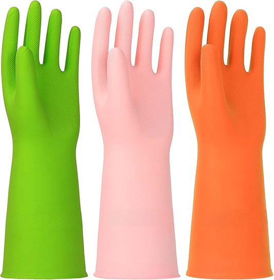 3 Pairs Rubber Cleaning Gloves Latex Free Dishwashing Gloves - 13" Reusable Nitrile Gloves Large, Green+Pink+Orange