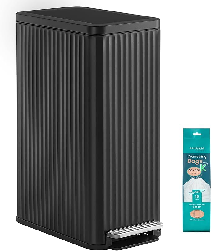 SONGMICS Trash Can, 13 Gallon (50 L) Slim Garbage Can for Kitchen, with Soft-Close Lid, Pedal, Removable Inner Bucket, Stainless Steel, 15 Trash Bags, Space-Saving, Ink Black ULTB350BZ01